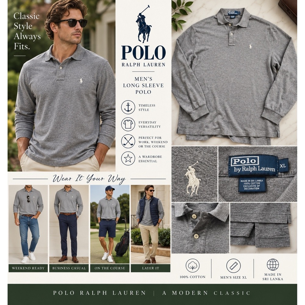 Polo Ralph Lauren Mens XL Gray Long Sleeve Polo Shirt Pony Preppy Classic Cotton